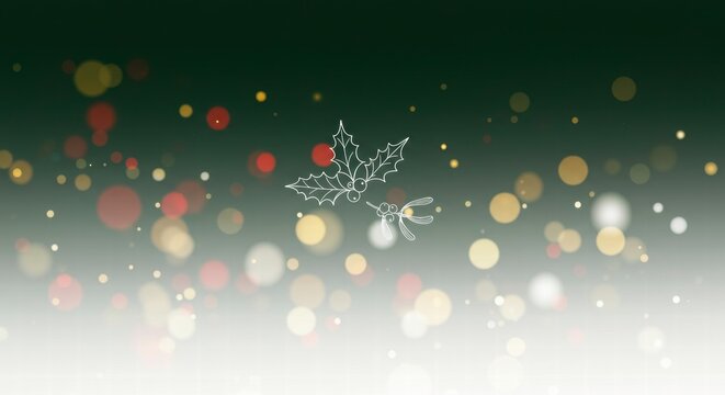 Festive Green Bokeh Background with Holly Leaf: A serene and festive backdrop with a subtle holly leaf and a soft green bokeh. perfect for holiday cards, invitations, and festive designs.  
