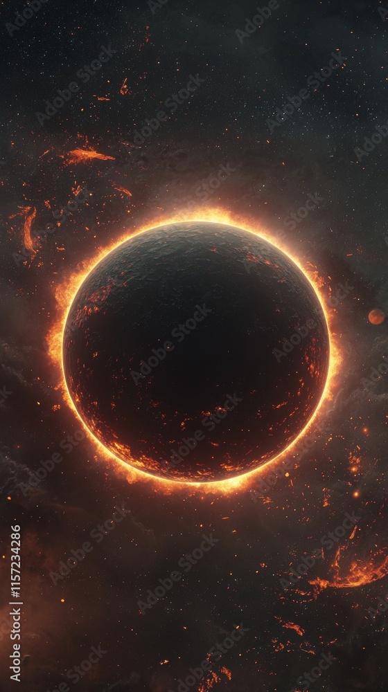 Poster bright ring of fire surrounding a burning planet exploding in the immensity of deep space with a sho