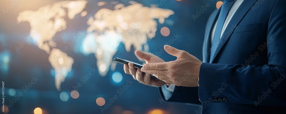 Poster travel restrictions regulation concept. businessman using smartphone with world map in background