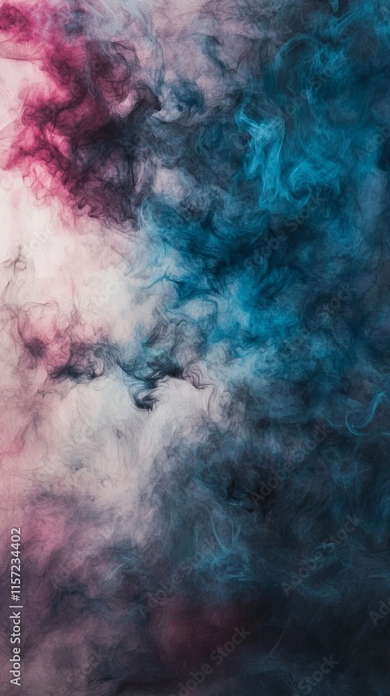 Poster pink, blue, and gray smoke creating abstract shapes and mixing colors, forming a mesmerizing and eth