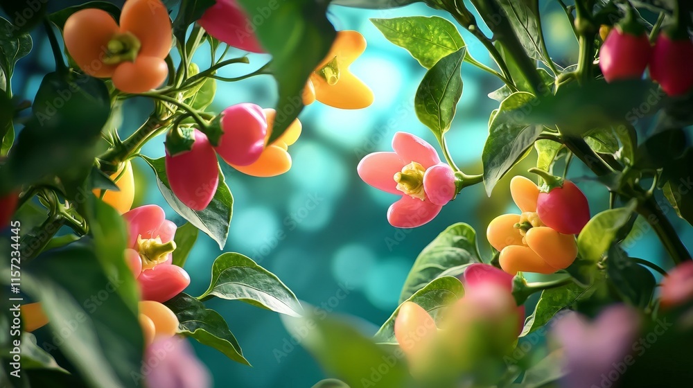 Poster colorful flowers with soft bokeh background in a natural setting.