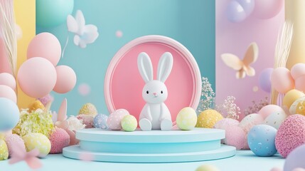 Fototapeta premium Colorful Spring Decorations Featuring a Cute Bunny Surrounded by Pastel Eggs and Flowers in a Playful Setup on a Stage