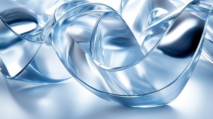 A close-up of translucent, swirling blue ribbons, showcasing light reflections and a smooth, glossy texture that conveys elegance and fluidity.