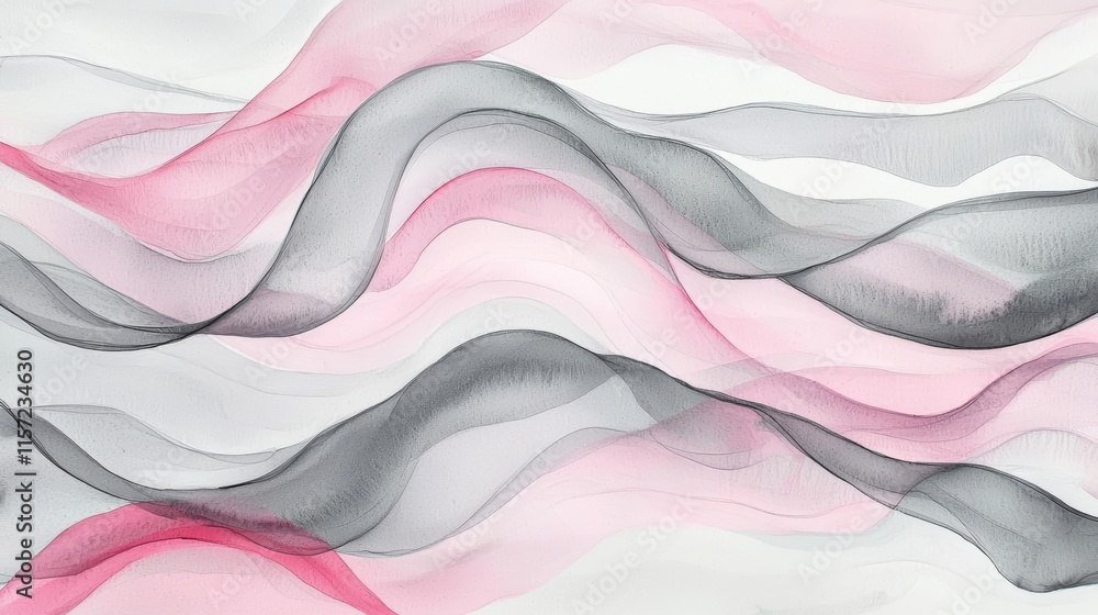 Poster pink and gray waves create a mesmerizing abstract pattern, flowing seamlessly across a white canvas,
