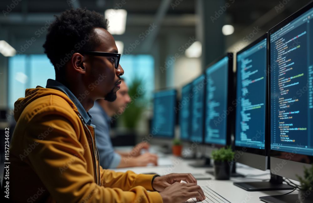Poster African American developer intensely focuses on computer screen. Works in modern tech office. Developer wears glasses, sits at desk with multiple computer monitors. Programming code fills screens.