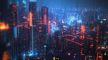 Fototapeta premium Smart digital Innovation city with connection network reciprocity over the cityscape. of future smart wireless digital city and social media networking systems that connects people with in city