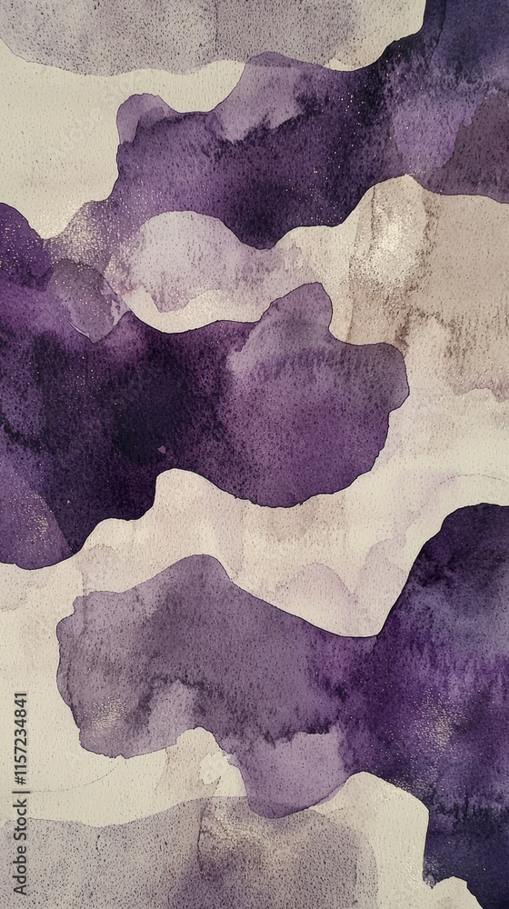 Poster purple watercolor paint flows and blends on a textured off-white canvas, creating dynamic shapes and