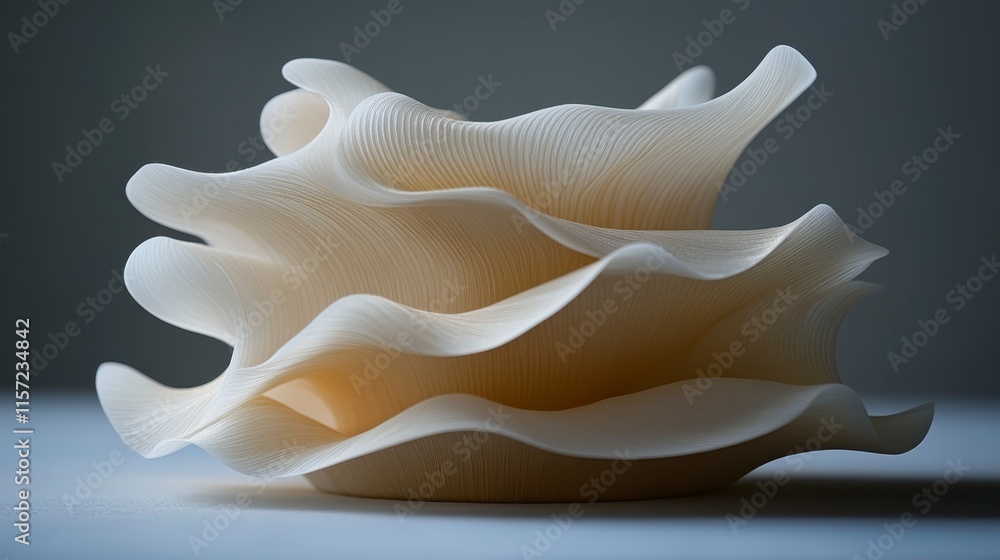 Poster an abstract sculpture featuring layered, wavy forms in soft beige tones, creating an elegant and flu