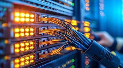 Fiber optic maintenance concept. Server rack with cables and illuminated ports.