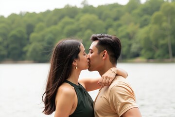 Fototapeta premium Romantic Couple Sharing a Kiss by the Serene Lake, Perfect for Love-themed Greeting Cards and Wall Art