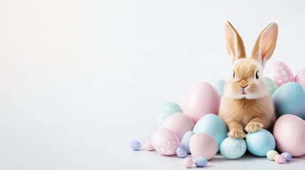 Cute Rabbit Surrounded by Pastel-Colored Easter Eggs During a Spring Celebration in a Bright Setting