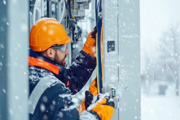 Fiber optic maintenance concept. Worker in snow fixing electrical equipment outdoors