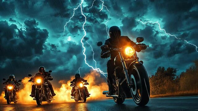 An exhilarating scene of motorbike riders riding in a stormy sky with lightning.