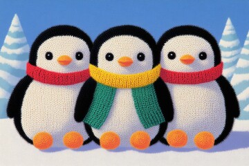 Fototapeta premium Soft woolen penguin family huddling together in the cold, standing on snowy ground with frosty trees in the background, yarn scarves and hats adding warmth, cute and peaceful, high-resolution details.