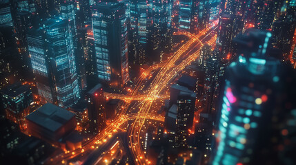 Fototapeta premium Smart digital Innovation city with connection network reciprocity over the cityscape. of future smart wireless digital city and social media networking systems that connects people with in city