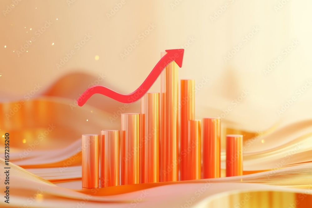 Poster dynamic upward trend in data visualization highlighted by abstract bars and a growing arrow against 