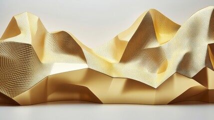 A modern, abstract sculpture featuring undulating, textured surfaces in gold and cream, resembling a flowing landscape.