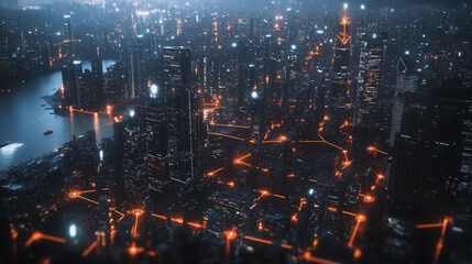 Obraz premium Smart digital Innovation city with connection network reciprocity over the cityscape. of future smart wireless digital city and social media networking systems that connects people with in city