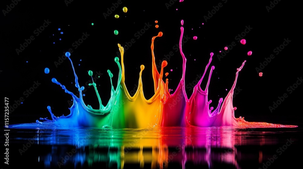 Poster colorful splashes of paint create vibrant patterns against a black background during artistic experi