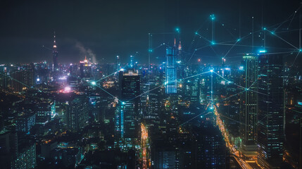 Fototapeta premium Smart digital Innovation city with connection network reciprocity over the cityscape. of future smart wireless digital city and social media networking systems that connects people with in city