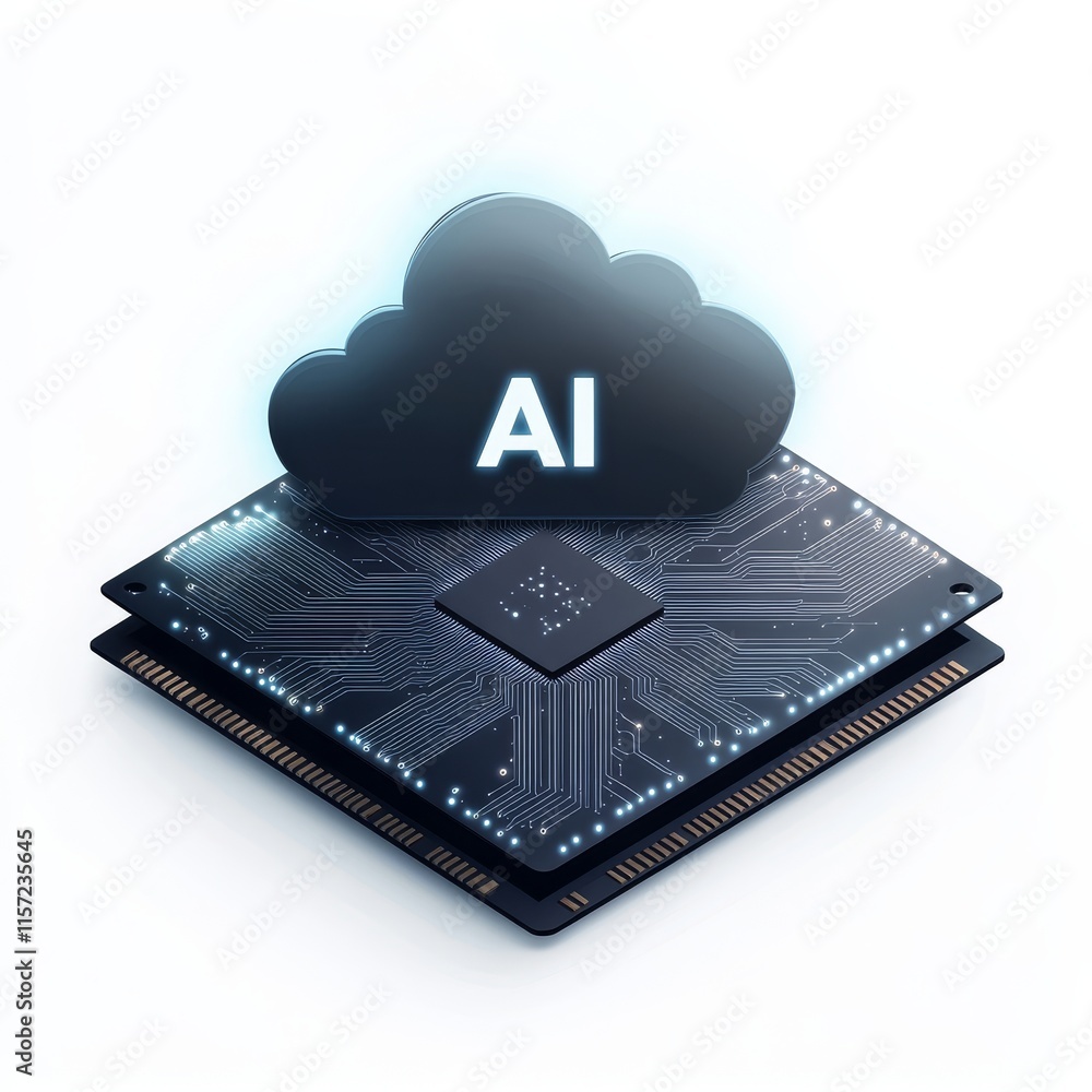 Poster advancements in artificial intelligence technology represented by a microchip and cloud computing sy