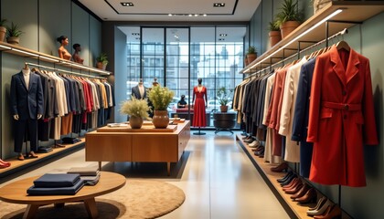 Modern fashion store display. Trendy clothes, coats. Stylish merchandise. Mannequins showcase variety of formal attire. Retail space contemporary. Customers see wide selection of clothes. Wooden