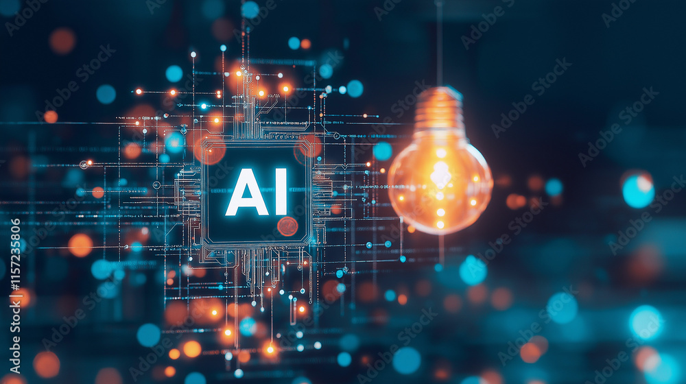 Poster ai innovation: a glowing lightbulb symbolizes a brilliant idea powered by artificial intelligence, r