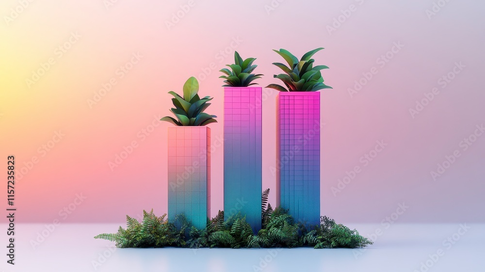 Poster three stylish, gradient pots with plants set against a colorful gradient background, creating a mode