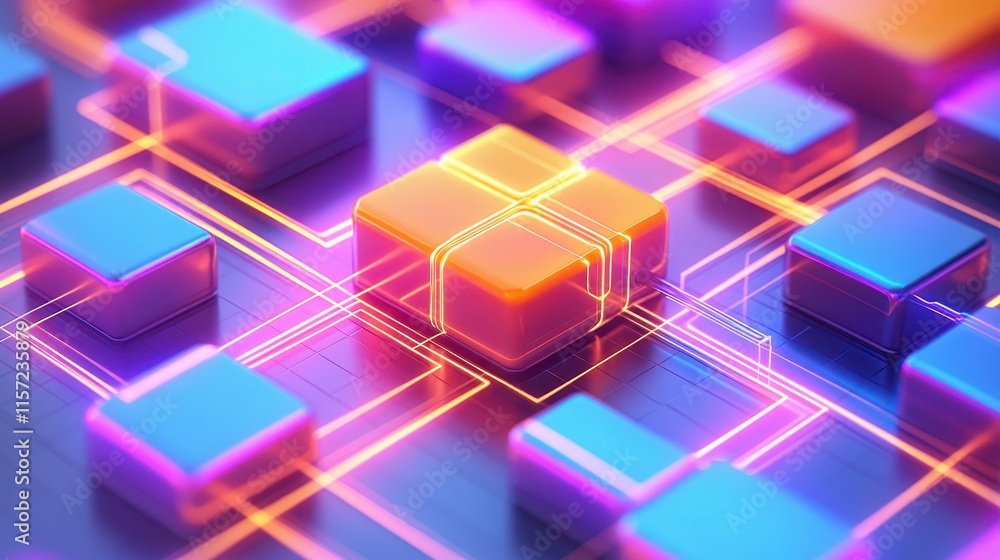 Poster a vibrant digital abstraction featuring illuminated cubes interconnected by glowing lines, evoking a