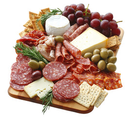 A fancy circular charcuterie board with slices of creamy Brie, Gouda, and aged cheddar, complemented by smoked salmon, mini quiches, crunchy breadsticks, fresh berries, isolated on a white background