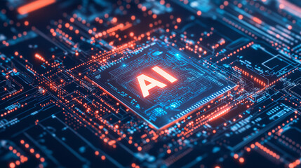 Obraz premium AI Chip: A glowing AI chip sits on a circuit board, representing the power and potential of artificial intelligence. The intricate wiring and vibrant colors evoke a sense of technological advancement.