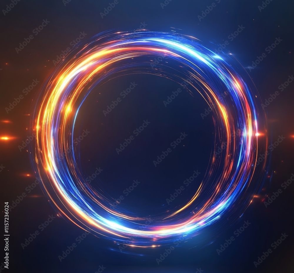 Poster dynamic circular light pattern with vibrant blue and orange hues shining against a dark background i