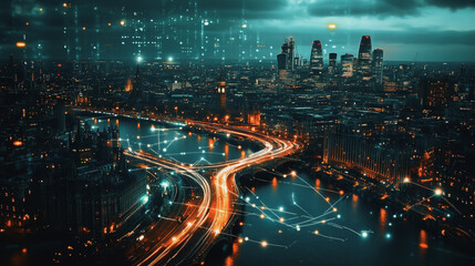 Obraz premium Smart digital Innovation city with connection network reciprocity over the cityscape. of future smart wireless digital city and social media networking systems that connects people with in city