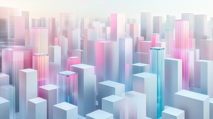 Fototapeta premium A vibrant, abstract cityscape featuring colorful, translucent skyscrapers under soft light, creating a futuristic and ethereal atmosphere.
