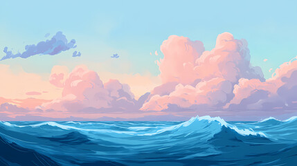 Calming blue sky with soft spindrift clouds and pale pinkish hues at sunset, calming, blue. Spindrift. Illustration