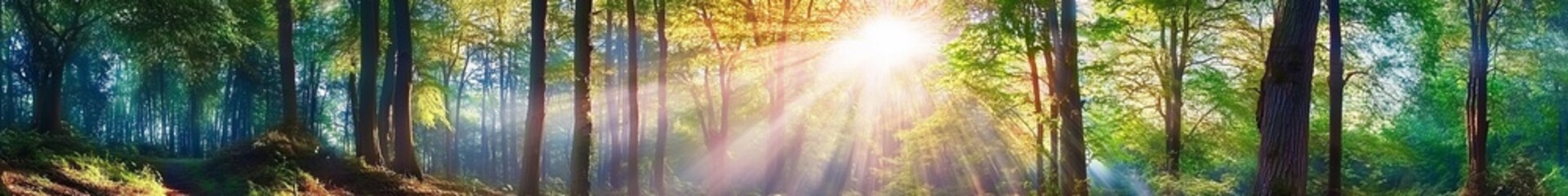 Fototapeta premium Serene forest scene with sunlight streaming through lush green trees, creating a tranquil and natural atmosphere in an elongated panoramic view.