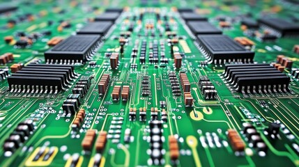 Fototapeta premium A close-up view of a circuit board showcasing intricate patterns of chips and connections, highlighting the complexity of electronic components.