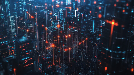 Obraz premium Smart digital Innovation city with connection network reciprocity over the cityscape. of future smart wireless digital city and social media networking systems that connects people with in city