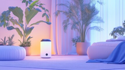 Modern interior with glowing plants and decor.