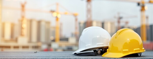 Safety equipment for construction workers. Two hard hats rest on grey surface. Blurred background shows construction site with cranes. Hard hats white, yellow. Photo useful for construction