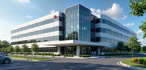 Modern hospital building exterior with contemporary design. Exterior features clean lines, large glass windows. Several people stand at entrance. Landscaping, parking visible. Structure