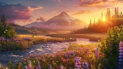 Golden sunset lights up wildflower meadow with flowing river and majestic mountain peak. Scenic wilderness concept saemless looping 4k time-lapse animation video background - Powered by Adobe