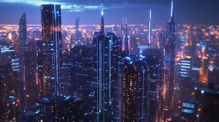 Fototapeta premium Smart digital Innovation city with connection network reciprocity over the cityscape. of future smart wireless digital city and social media networking systems that connects people with in city