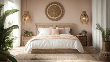Bright Boho Bedroom with Minimal Woven Baskets