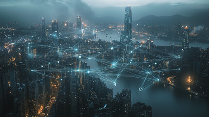 Fototapeta premium Smart digital Innovation city with connection network reciprocity over the cityscape. of future smart wireless digital city and social media networking systems that connects people with in city