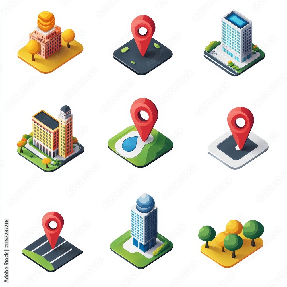 Poster collection of colorful isometric building and location pins showcasing urban planning and mapping co