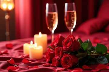 Romantic Dinner Setting with Red Roses, Candles, and Champagne for a Special Occasion