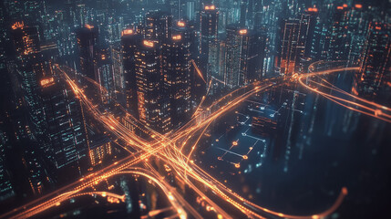 Smart digital Innovation city with connection network reciprocity over the cityscape. of future smart wireless digital city and social media networking systems that connects people with in city