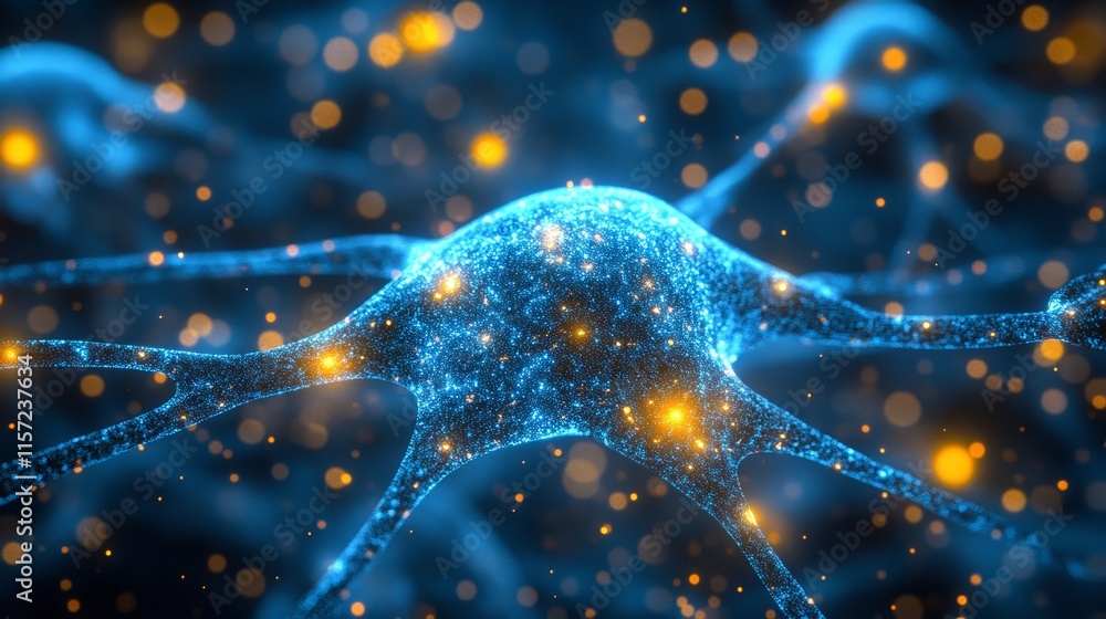 Poster exploring the intricate details of a neuron illuminated by glowing particles in a digital environmen