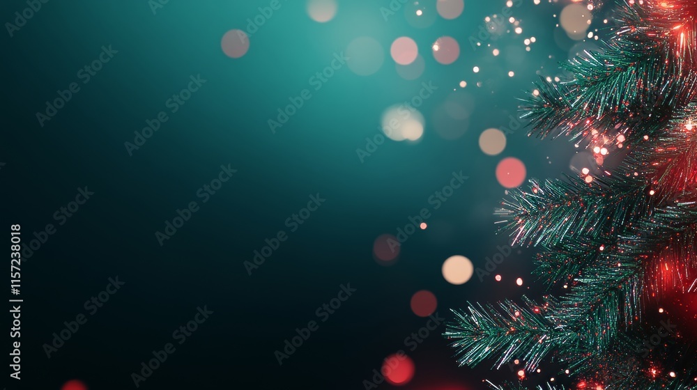 Poster festive christmas tree branches with soft glowing lights and colorful bokeh effects creating a warm 